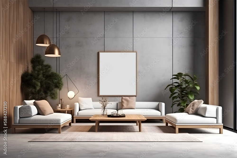 3d style of modern living room with white sofa and coffee table, decorative wall with embossed panels, carpet on concret floor. Frame mockup. Generative Ai. 3d style of modern living room with white sofa and coffee table, decorative wall with embossed panels, carpet on concret floor. Frame mockup. Generative Ai.