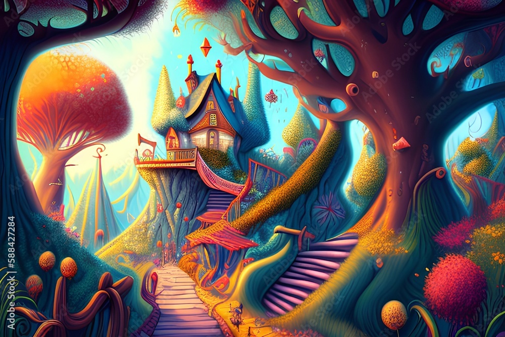 Creative Illustration and Innovative Art A Fantastic Wonderland!  Fantastic cartoon style art scene, wallpaper - generative ai