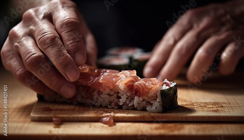 Hand holding fresh sashimi and maki sushi generated by AI