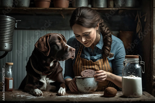 Woman prepares healthy homemade treats for her beloved pet. Baking dog biscuits in the kitchen, using natural ingredients like flour and meat. Generative AI