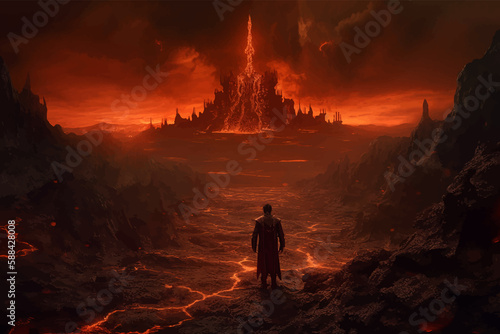Terrifying Hell. Blazing Inferno - a fiery land ruled by demons. Abyss of Darkness - depth of evil. Realm of unimaginable fear. Underworld. Landscape of horror. World of monsters. 3D art