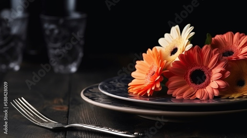 Colorful gerbera flowers on a black plate with cutlery.generative ai