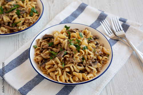 Homemade One Skillet Ground Beef Stroganoff with Mushrooms and Noodles on a Plate, side view.