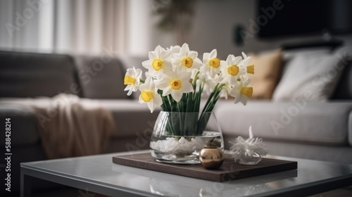 Vase with beautiful daffodils on table in living room.generative ai