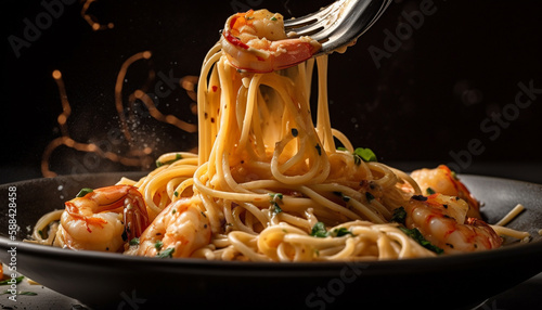 Freshly cooked linguini with prawn and seafood generated by AI photo