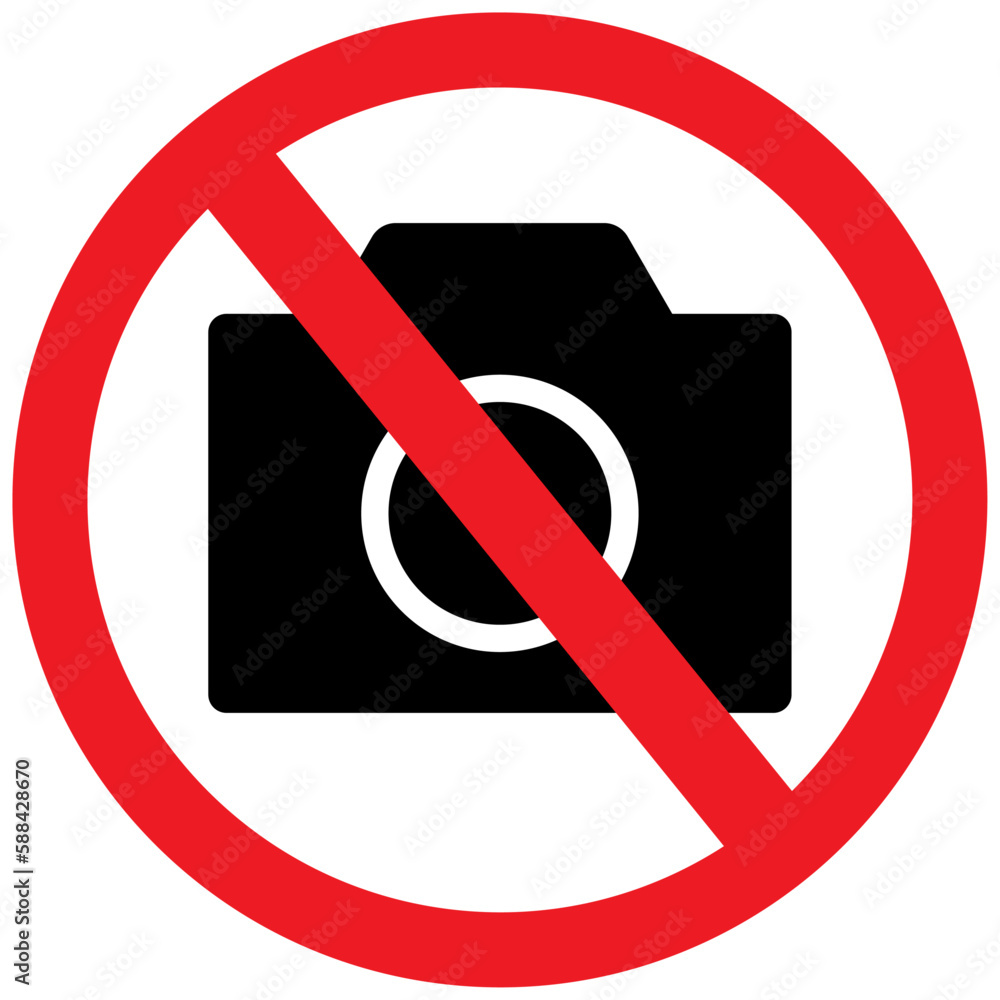 No cameras allowed sign, no photographing or photography, prohibition sign in red color vector symbol. Crossed out circle illustration, no taking pictures or video graphic design isolated on white. No cameras allowed sign, no photographing or photography, prohibition sign in red color vector symbol. Crossed out circle illustration, no taking pictures or video graphic design isolated on white.