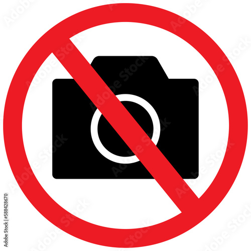 No cameras allowed sign, no photographing or photography, prohibition sign in red color vector symbol. Crossed out circle illustration, no taking pictures or video graphic design isolated on white. 