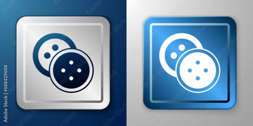 White Sewing button for clothes icon isolated on blue and grey background. Clothing button. Silver and blue square button. Vector White Sewing button for clothes icon isolated on blue and grey background. Clothing button. Silver and blue square button. Vector
