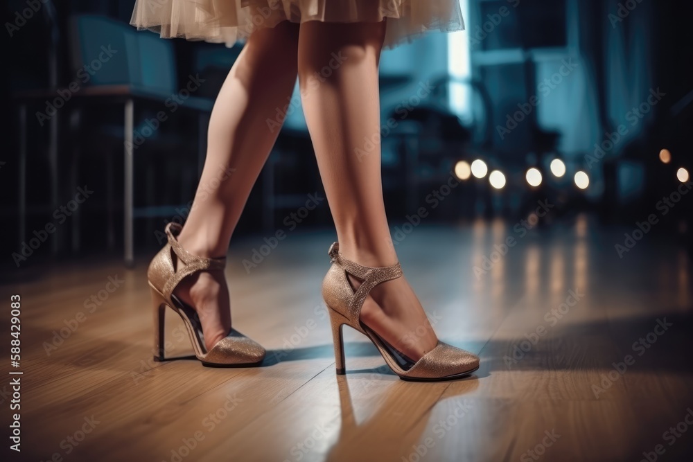 Dancing woman's legs in high-heeled sandals. AI Generated. Dancing woman's legs in high-heeled sandals. AI Generated.