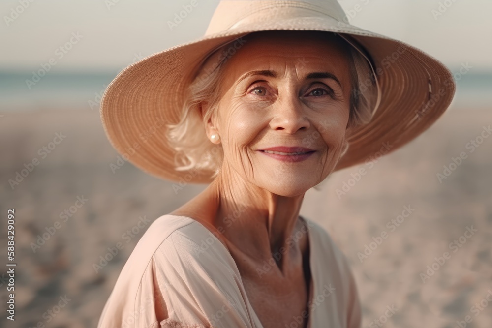 Portrait of beautiful smiling old woman with beach on background. AI Generated.