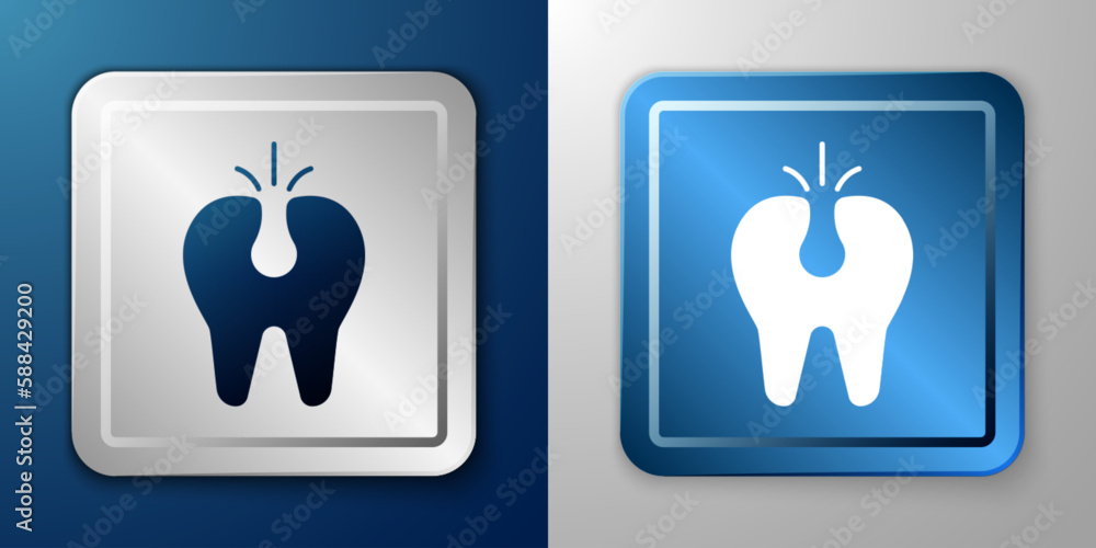 White Broken tooth icon isolated on blue and grey background. Dental problem icon. Dental care symbol. Silver and blue square button. Vector White Broken tooth icon isolated on blue and grey background. Dental problem icon. Dental care symbol. Silver and blue square button. Vector