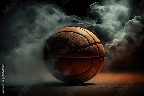 Basketball on court floor close up in smoke, Generative AI 2