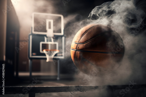 Basketball on court floor close up in smoke, Generative AI 3