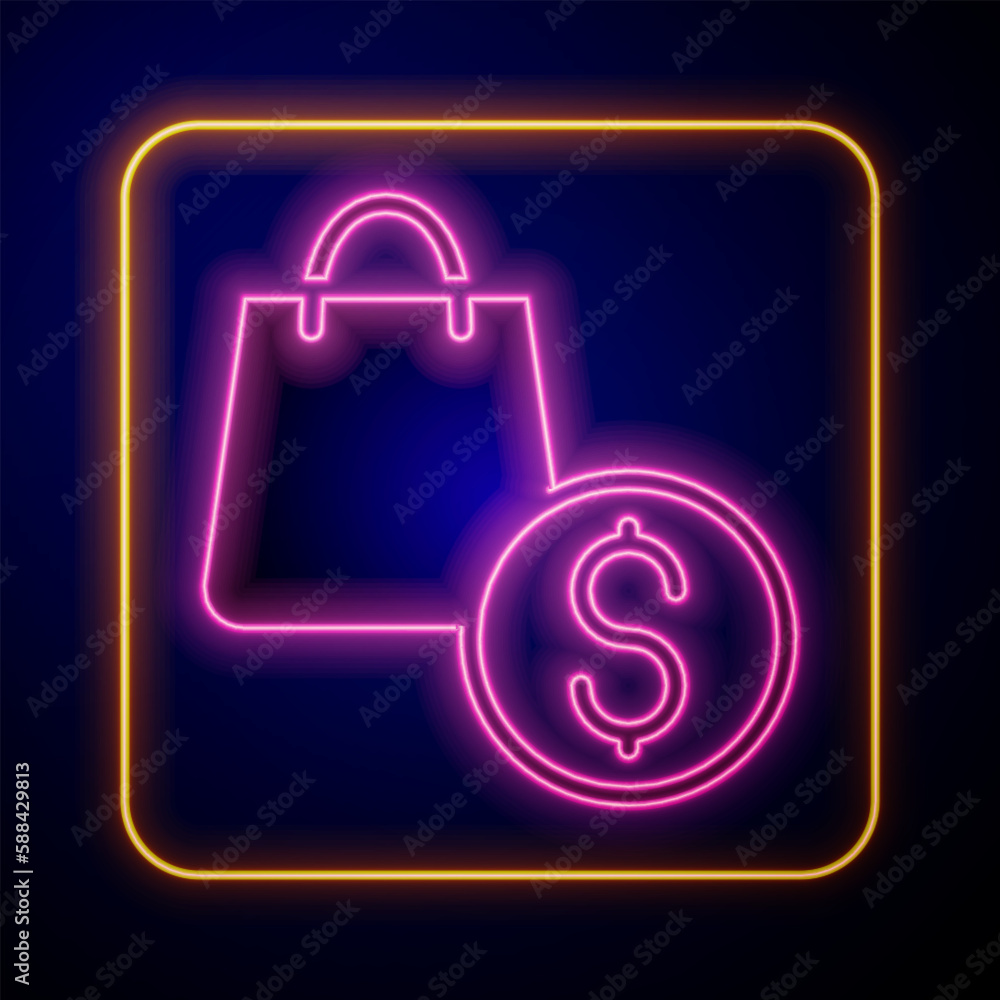 Glowing neon Shopping bag and dollar icon isolated on black background. Handbag sign. Woman bag icon. Female handbag sign. Vector Glowing neon Shopping bag and dollar icon isolated on black background. Handbag sign. Woman bag icon. Female handbag sign. Vector