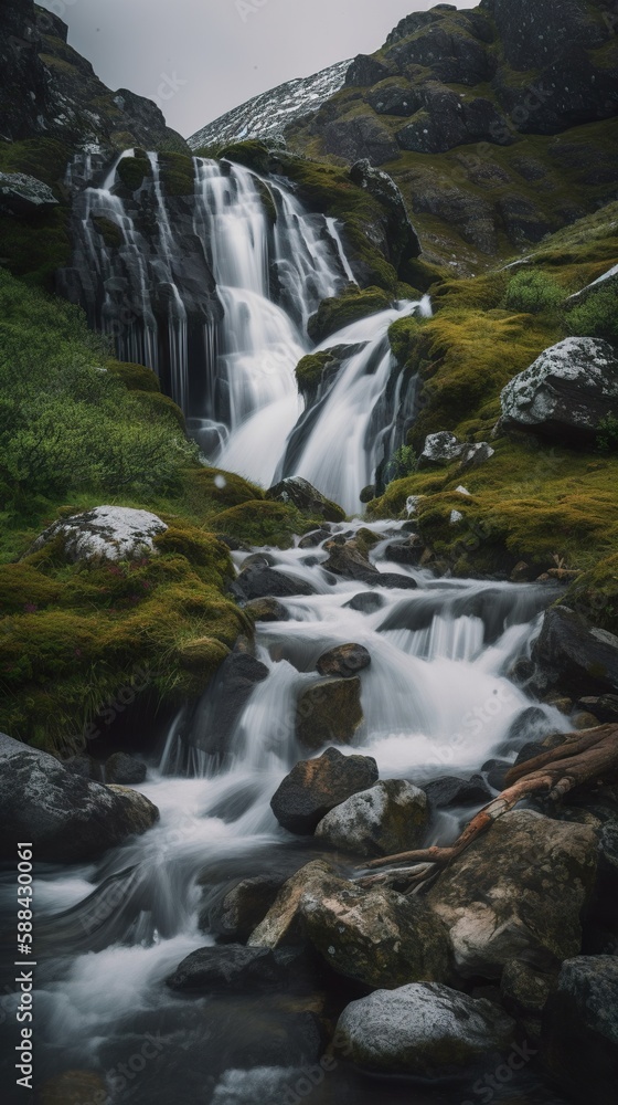 Obraz premium Imaginary waterfall in Scandinavia, AI generative image