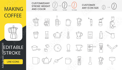 Coffee set line icons in vector, illustrations for instructions for making coffee includes french press and kettle, sugar and moka pot, coffee machine and aeropress, cup and scales. Editable stroke.
