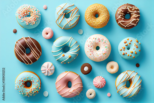 Assorted donuts on pastel blue background. Generative Ai