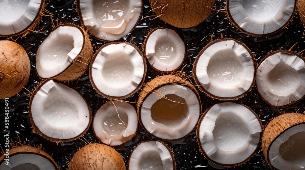 Coconut whote and halves, flat lay, top view, AI generative Coconut whote and halves, flat lay, top view, AI generative