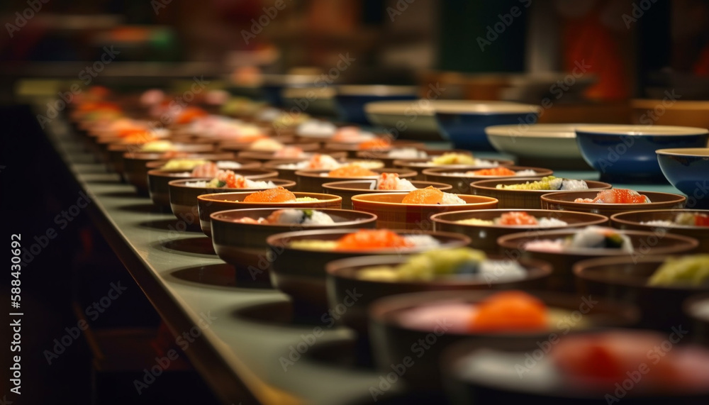 Colorful crockery in large collection on table generated by AI Colorful crockery in large collection on table generated by AI