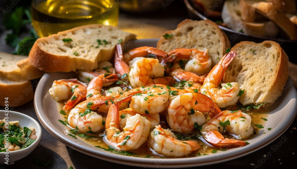 Grilled prawn scampi, fresh bread appetizer plate generated by AI Grilled prawn scampi, fresh bread appetizer plate generated by AI