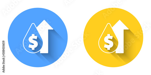 White Oil price increase icon isolated with long shadow background. Oil industry crisis concept. Circle button. Vector