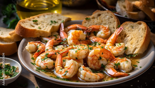 Grilled prawn scampi, fresh bread appetizer plate generated by AI