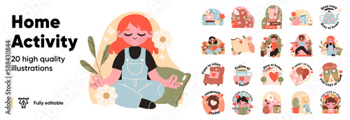 People stay at home. Men and women working, doing exercises and yoga, relax, communicate with family during quarantine. Work, leisure and hobby on isolation. Vector illustration in flat cartoon style.