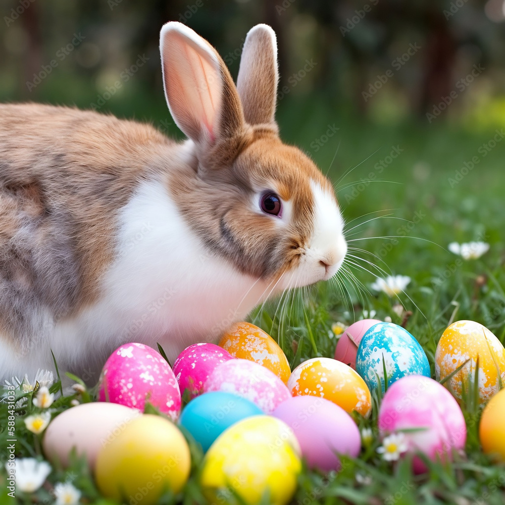 Rabbit happily munching on three pink Easter eggs, surrounded by colorful flowers and trees Rabbit happily munching on three pink Easter eggs, surrounded by colorful flowers and trees