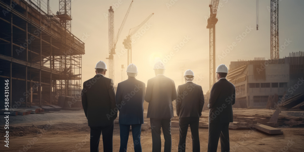 a team of businessmen and architects meeting outdoors on a construction site. Generative AI a team of businessmen and architects meeting outdoors on a construction site. Generative AI