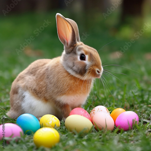Rabbit happily munching on three pink Easter eggs, surrounded by colorful flowers and trees © Hayes