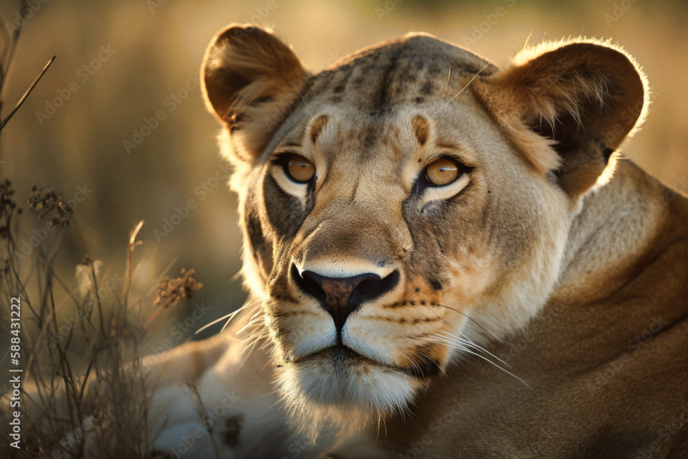 Naklejka premium Lioness in the Golden Hour - generative ai