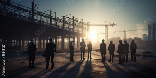 a team of businessmen and architects meeting outdoors on a construction site. Generative AI