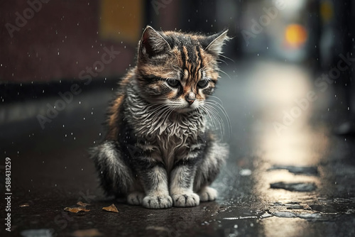 Stray cat in the rain illustration. Generative AI.