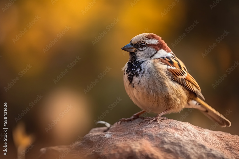 Fototapeta premium Full body of small adorable tree sparrow perching on rock against yellow blurred background. Generative AI