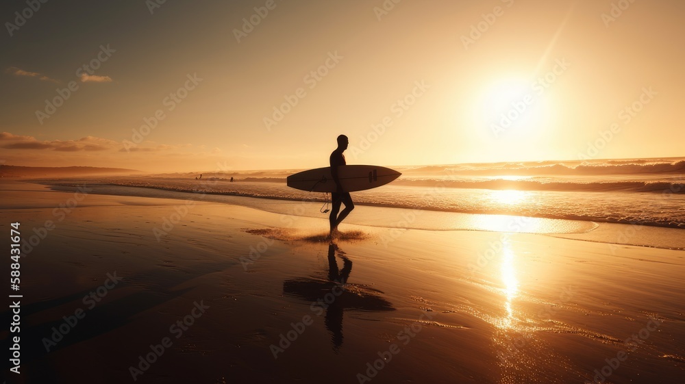 Beach Sunset: A Surfer's Paradise in the Golden Light, AI Generative

