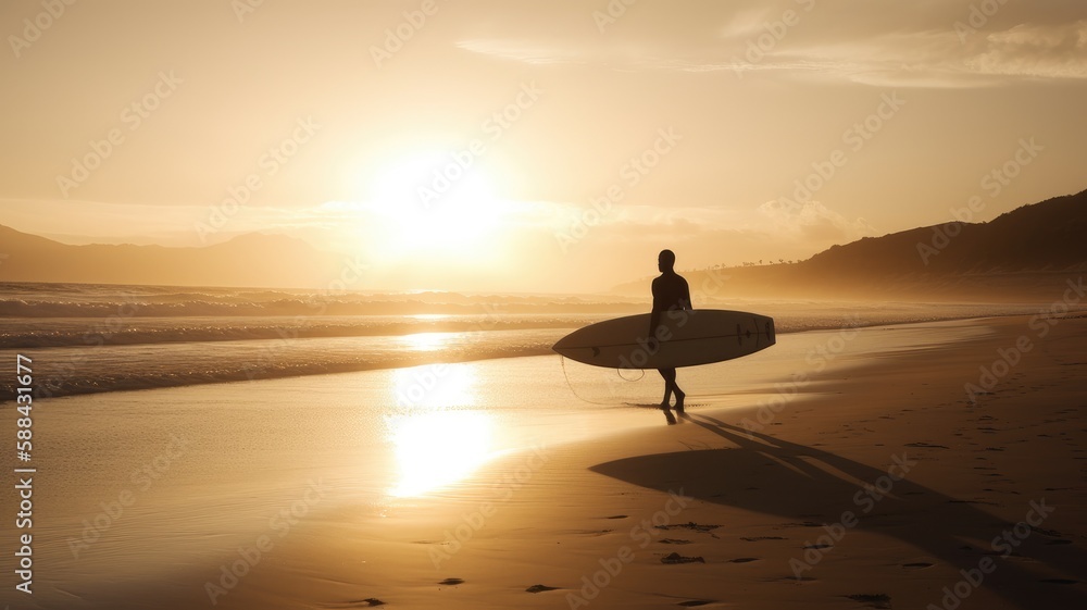 Surfer's Glow: Carrying the Board into the Golden Sunset, AI-Generated
