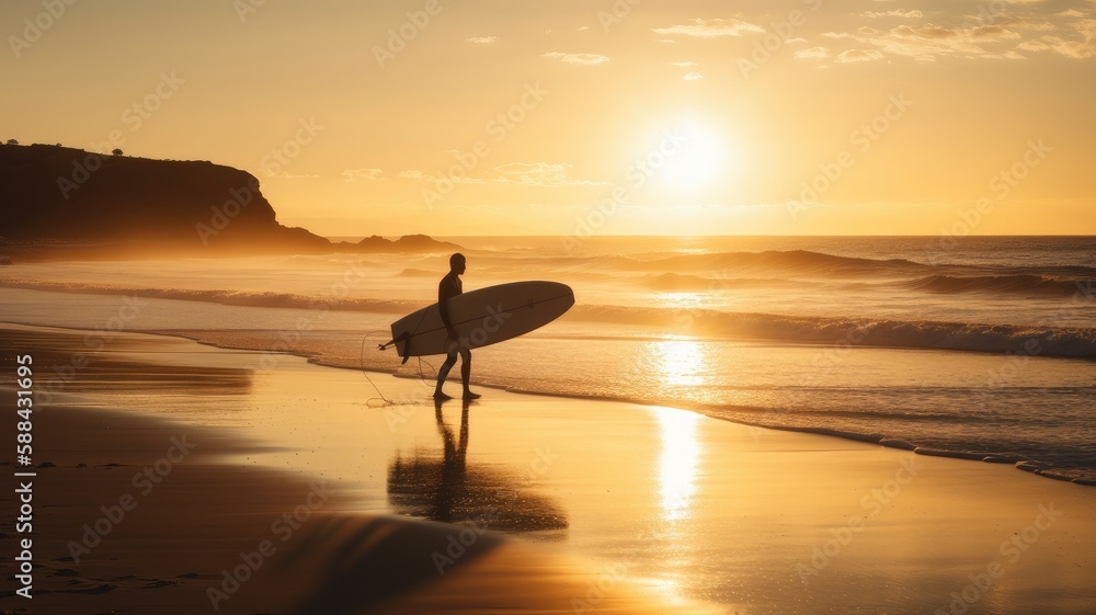 Surfing into the Sunset: A Silhouette of a Surfer Carrying Their Board, AI-Generated
