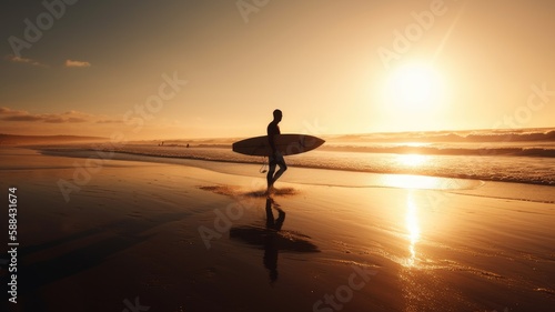 Beach Sunset: A Surfer's Paradise in the Golden Light, AI Generative  © NikoArakelyan