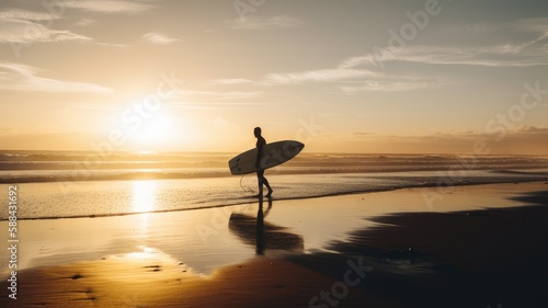 Golden Hour Surfing: A Silhouette of a Surfer and Their Board, AI Generative 