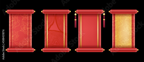 3D Chinese scroll set, royal red festive banner kit, vector asian game UI traditional design element. Luxury celebration China background, spring floral print, silk banner. Chinese scroll collection