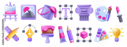 3D design art icon set, creative badge customise graphic kit, vector paint bucket brush, idea bulb. Designer digital tools project sign collection, pencil, pipette, website create process. Design icon