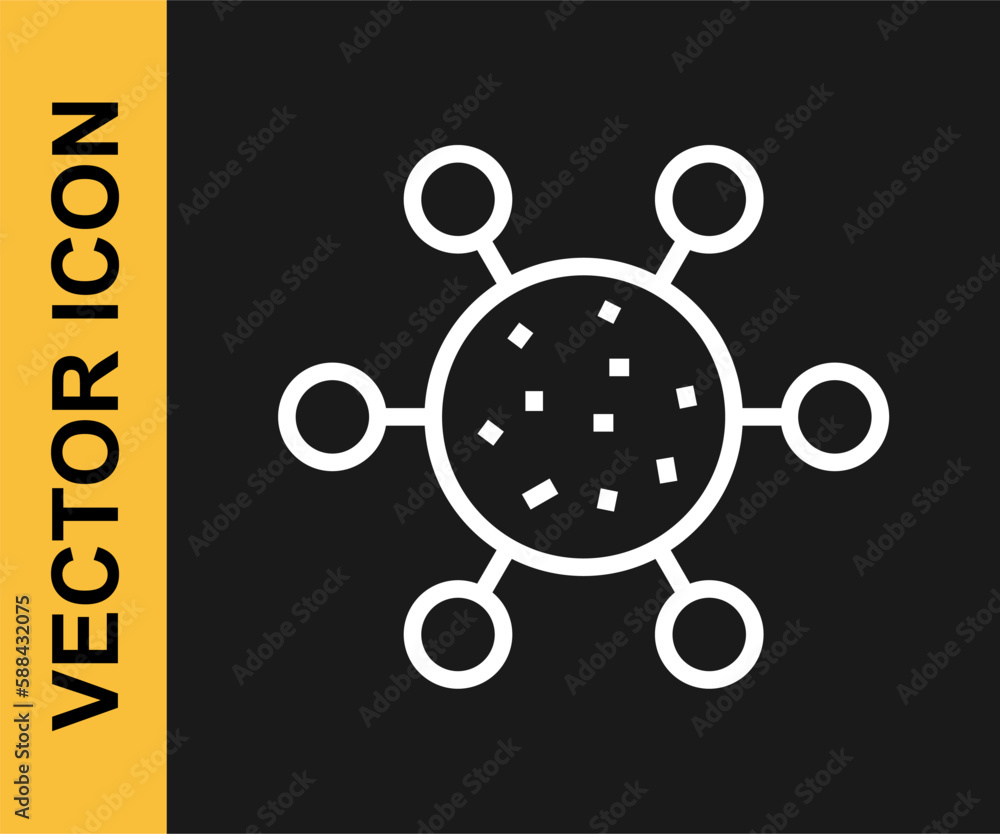 White line Bacteria icon isolated on black background. Bacteria and germs, microorganism disease causing, cell cancer, microbe, virus, fungi. Vector White line Bacteria icon isolated on black background. Bacteria and germs, microorganism disease causing, cell cancer, microbe, virus, fungi. Vector