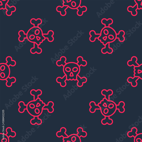 Red line Skull on crossbones icon isolated seamless pattern on black background. Happy Halloween party. Vector