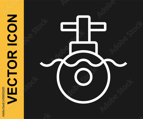 White line Submarine icon isolated on black background. Military ship. Vector