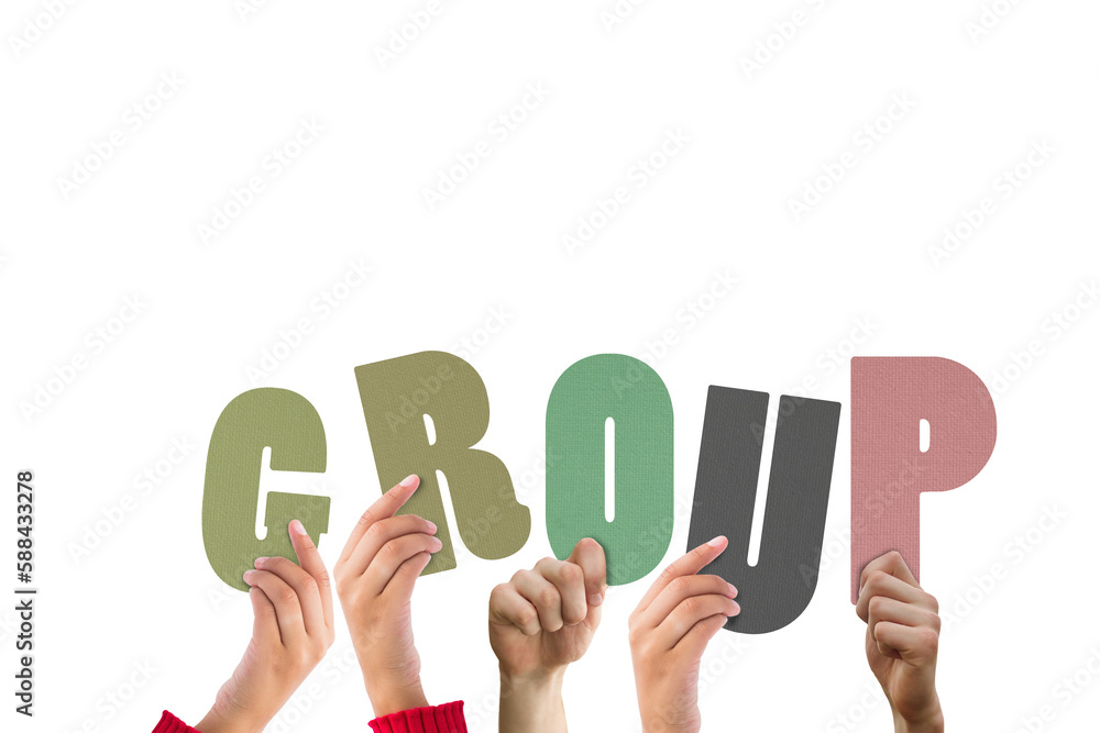 Colorful alphabet spelling group held up by people Colorful alphabet spelling group held up by people