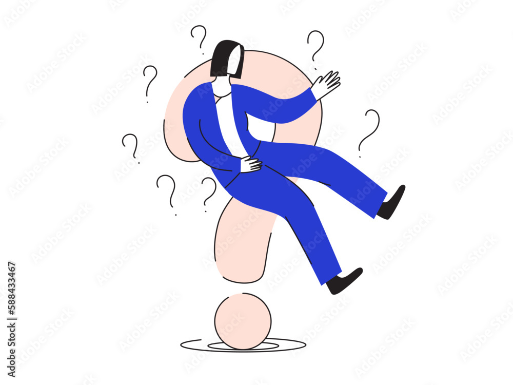 Businesswoman sitting on huge question mark. Difficulty making business decisions. Business questions. Vector illustration. Choosing work strategy Businesswoman sitting on huge question mark. Difficulty making business decisions. Business questions. Vector illustration. Choosing work strategy
