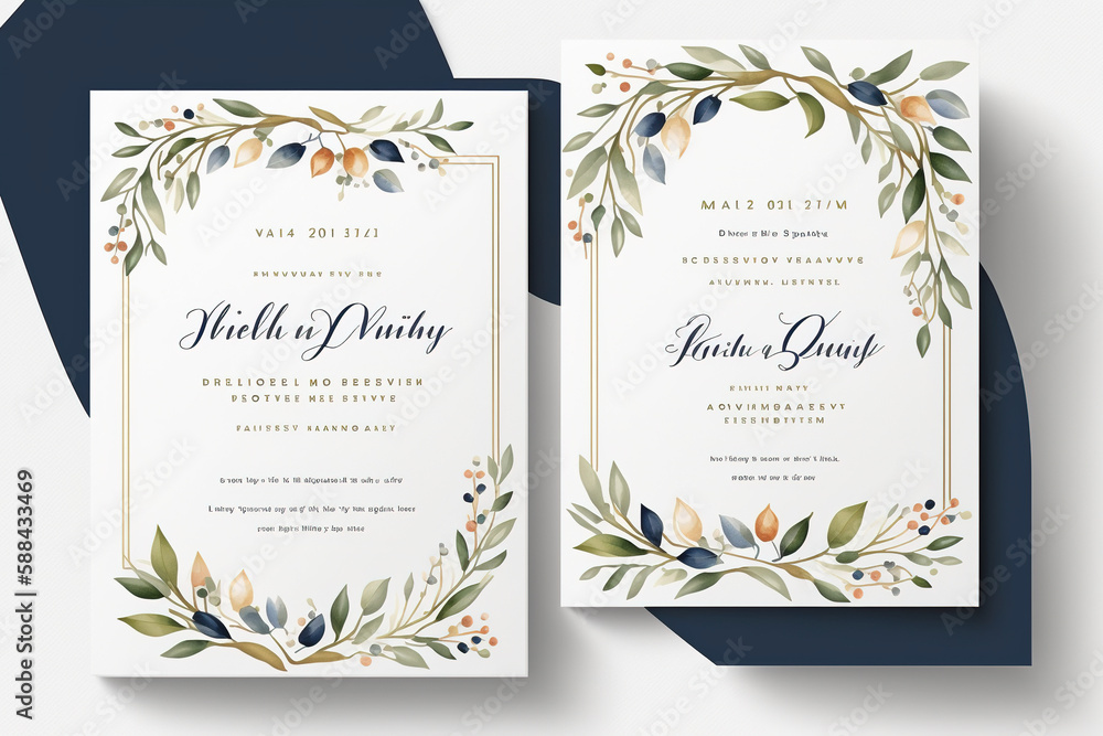 wedding invitation,thank you card ,rsvp, details,template design with watercolor greenery leaf and branch, watercolor invitation , beautiful floral wreath. Generative AI	
