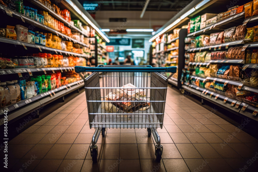 Person point of view of shopping cart full of groceries in a grocery store. Supermarket POV shopping, high quality generative ai