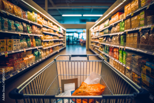 Person point of view of shopping cart full of groceries in a grocery store. Supermarket POV shopping, high quality generative ai