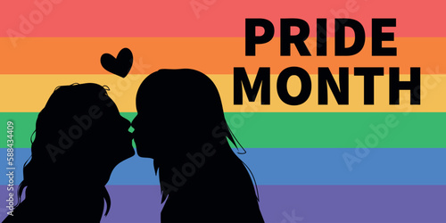 LGBTQ PRIDE MONT horizontal illustration with flag colors. Pride month social media banner with kissing women. Love is love.
